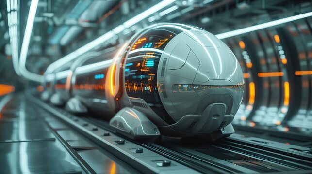 High-speed hyperloop pod with a minimalist design and a holographic control panel, set in a futuristic transport hub. The pod represents the future of high-speed travel with its advanced technology