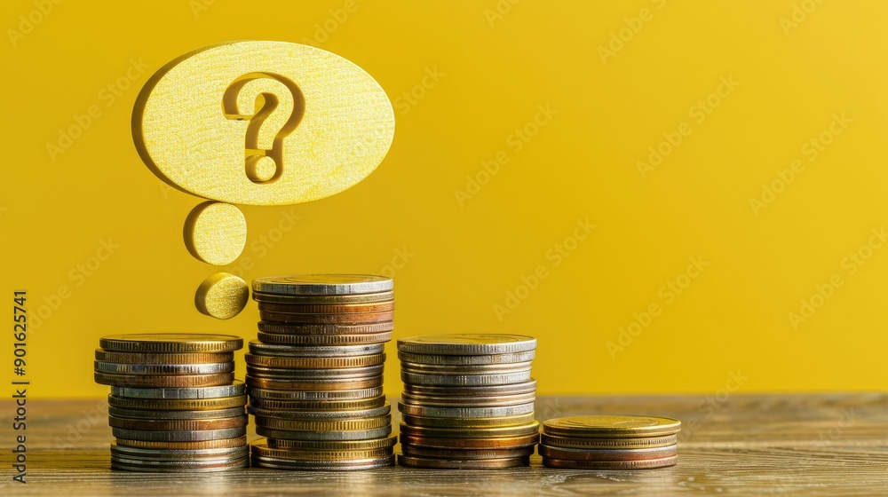 Poster A speech bubble with a question mark in yellow balancing on staggered stacks of coins.
