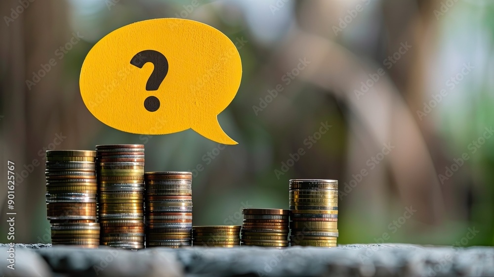 Aufkleber A speech bubble with a question mark in yellow balancing on staggered stacks of coins. 
