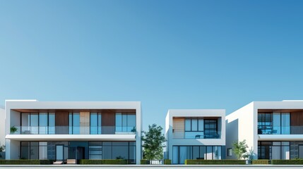 Obraz premium Just finished modern houses with a row alignment, blue sky background, and clear space for promotional text or ads