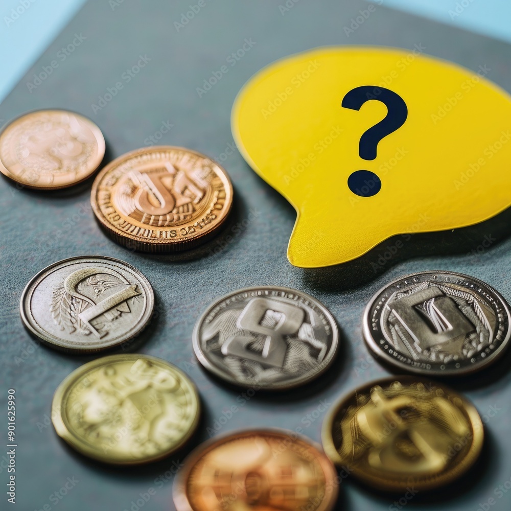 Poster A speech bubble with a question mark in yellow positioned over different denominations of coins. 