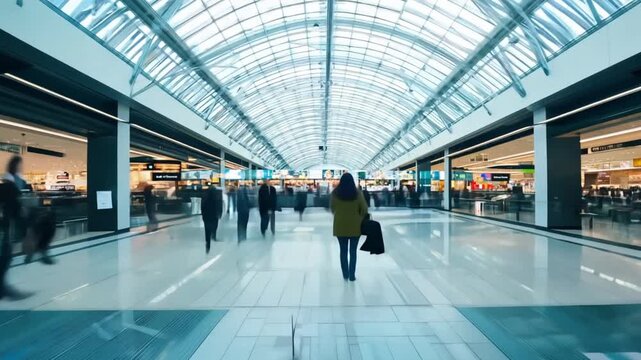 A bustling airport scene capturing the blur of people on the move, reflecting the fast pace of travel. Passenger in motion blur at the airport .