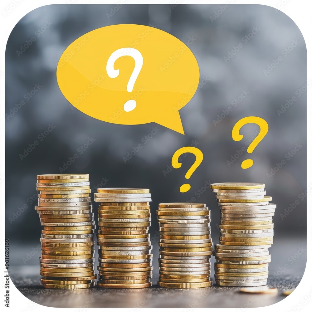 Fototapete A speech bubble with a question mark in yellow positioned over neatly arranged coin stacks.