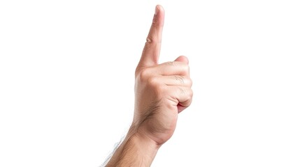 Male hand pointing upwards with index finger, close-up on white background, isolated and clear