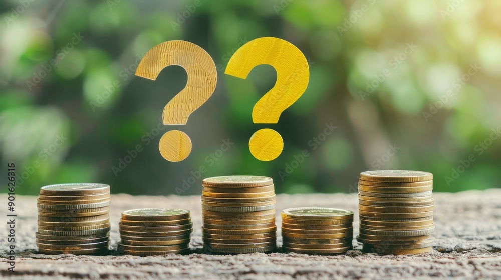 Poster A speech bubble with a question mark in yellow positioned over neatly arranged coin stacks. 