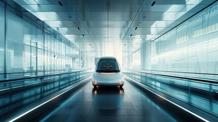 Fototapeta premium Autonomous shuttle with a minimalist design, featuring a holographic passenger interface, navigating through a futuristic airport. The shuttle represents the future of automated and efficient