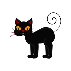 Halloween cartoon horror cat. Black kitten with red ears and yellow eyes. Vector illustration