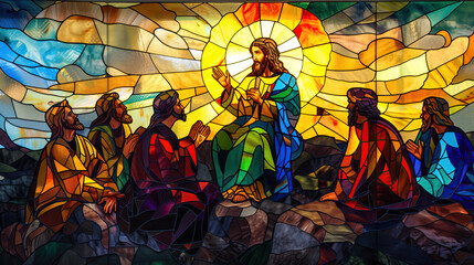 Scene of Jesus' Sermon on the Mount , stained glass	