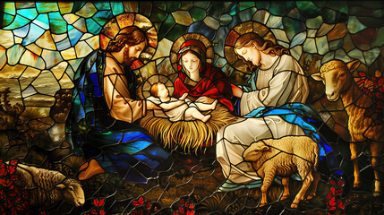 A nativity scene in stained glass window