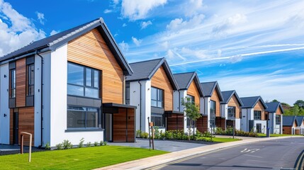 Fototapeta premium New modern houses in a row with a vibrant blue sky backdrop, featuring space for text or marketing content