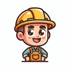 A cute cartoon construction worker with a big smile, wearing a yellow hard hat, orange overalls, and a light blue shirt. The character has large eyes and hands on hips, exuding confidence and friendli