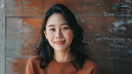 Fototapeta premium Pretty Asian individual with a warm, inviting smile, background for copy space or marketing purposes