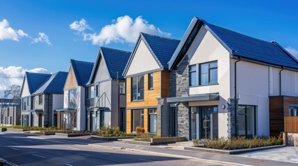 Recently completed row of modern houses, blue sky background, with clean and clear space for advertisement or copy