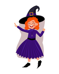 A beautiful cartoon little redheaded witch with a hat. The girl is dressed in a witch costume for halloween. Vector illustration