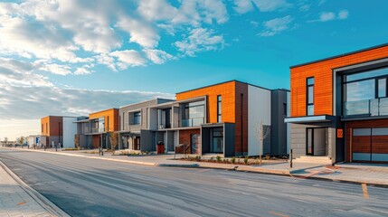 Obraz premium Recently completed row of modern houses, blue sky background, with clean and clear space for advertisement or copy