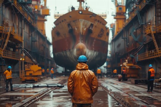 Shipyard workers overseeing ship maintenance. Shipyard workers oversee the maintenance of a large ship, ensuring all processes are correctly followed in the busy shipyard environment.