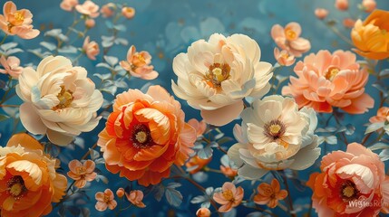 Elegant botanical vintage wallpaper design featuring an array of exquisite flower bunches, ideal for digital backgrounds with a whimsical