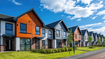 Obraz premium Row of newly finished contemporary houses, bright blue sky background, with ample area for copy or promotional use