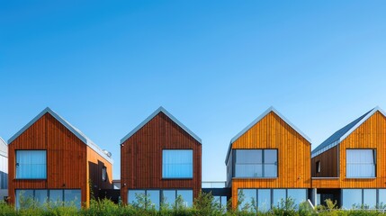 Obraz premium Series of just-finished modern houses, against a clear blue sky, with background space for copy or promotional text