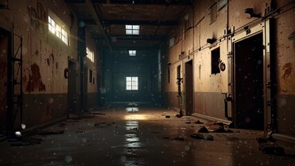 Abandoned and shabby former prison room, lots of dust flying around and iron starting to rust. Seamless 4K looping timelapse video animation generated AI - Powered by Adobe