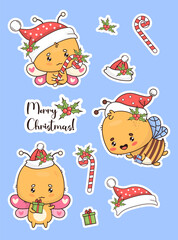 Christmas stickers collection. Festive cute butterfly and bee in Santa hat with gift and striped candy with holly. Isolated funny cartoon insect kawaii character. Vector illustration. Kids collection