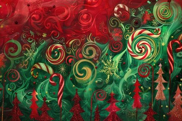 Whimsical red and green abstract Christmas background with swirling candy cane forests
