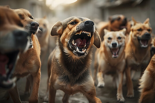 Scary pack of aggressive stray dogs attacks stranger and barks loudly and shouts. Dangerous accident on the street.&nbsp;
