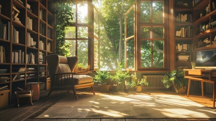 wooden window in the study, there is an armchair and bookshelves with books on them, plants by the window, sunlight shines through the glass of the large windows into the room