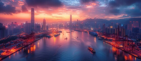Fototapeta premium Night view of a shipping port with illuminated cranes and cargo vessels against a backdrop of a city skyline, highlighting the intersection of urban life and maritime logistics.