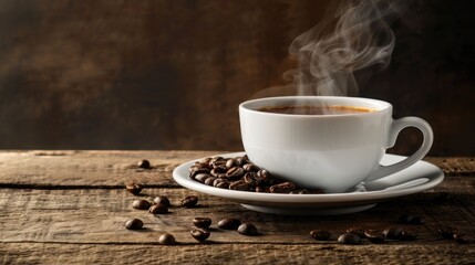 A steaming cup of coffee with a hint of hazelnut, set on a rustic wooden table with beans. 