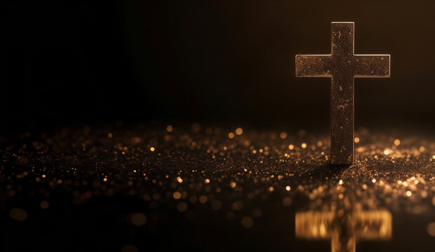 Brown holographic glowing Christian cross with copy space.