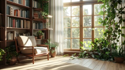wooden window in the study, there is an armchair and bookshelves with books on them, plants by the window, sunlight shines through the glass of the large windows into the room