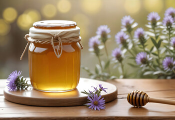 Golden Honey Jar with Purple Flowers: A glass jar of golden honey on a wooden board, surrounded by fresh lavender flowers, bathed in soft light, highlighting the natural beauty of honey and flora.