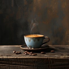 Fototapeta premium A steaming cup of coffee with a hint of hazelnut, set on a rustic wooden table with beans. 