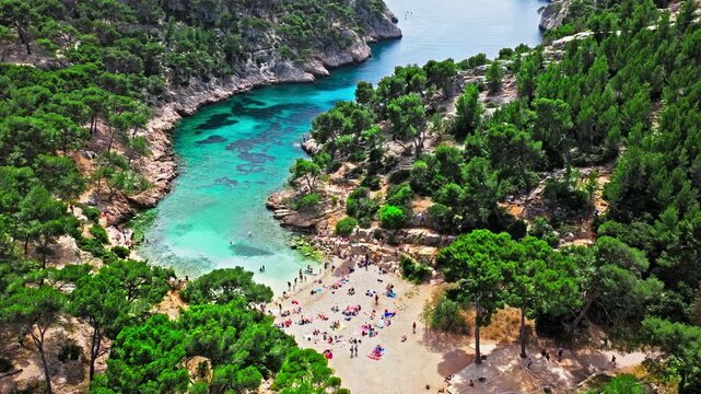 Aerial view of Natural area with rock formations, turquoise water beach in France. Calanque de Port Pin beach in the eastern calanque between Marseille and Cassis.
