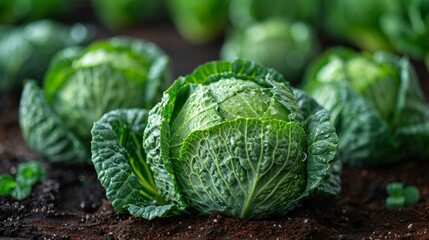 Lush Green Cabbage Glistening With Dew Amidst the Soil in a Serene Vegetable Garden. Generative AI