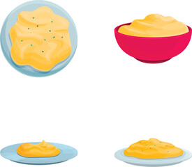 Tasty potato icons set cartoon vector. Fresh mashed potato on bowl. Food concept