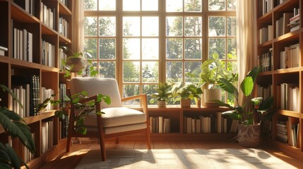 Obraz premium wooden window in the study, there is an armchair and bookshelves with books on them, plants by the window, sunlight shines through the glass of the large windows into the room