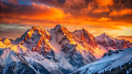 Fototapeta premium Vibrant orange and pink hues illuminate the snowy mountain peaks as the sun rises above the serene alpine landscape, casting a warm golden light.