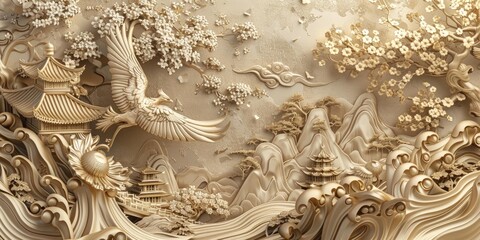 Golden 3D relief of Chinese landscape.