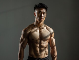 Fototapeta premium A man with a muscular body is standing in front of a grey wall. He is wearing black shorts and a black shirt. The man's pose and the way he is standing give off a confident and strong vibe