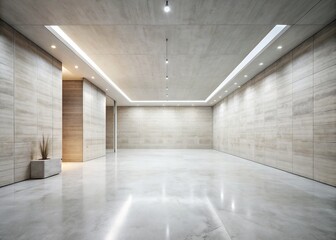 Fototapeta premium Empty modern hall with light grey walls, minimalist concrete room background, abstract space featuring neutral tones, white stone architecture, and clean lines, evoking serenity.