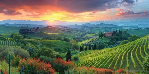 Fototapeta premium Sunrise over Tuscan Vineyards