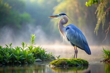 Fototapeta premium Majestic great blue heron Ardea cinerea stands solitary in serene wetland surroundings, its slate-grey feathers glistening amidst lush green foliage and misty morning atmosphere.