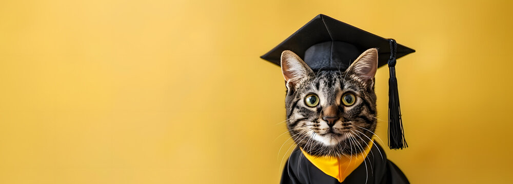 Cat wearing graduation cap and gown in the bright yellow background. College, university, school, online cources banner with copyspace