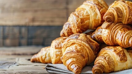 Croissants stacked on a rustic wooden table
