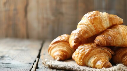 Croissants stacked on a rustic wooden table