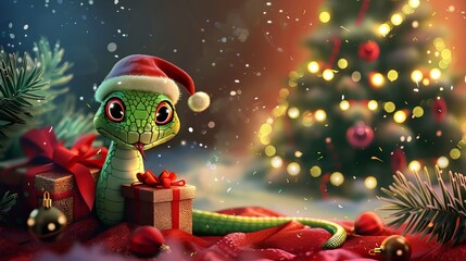 Fototapeta premium A cute cartoon green snake in a Santa hat with a red gift sits near the Christmas tree.2025