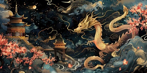 Obraz premium Golden dragon, pagoda, blossom trees, night sky.