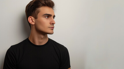 Fototapeta premium a handsome young man in black shirt looking away standing against plain white wall, portrait of a guy 